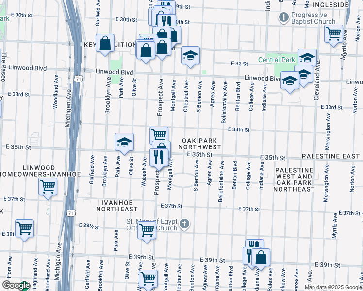map of restaurants, bars, coffee shops, grocery stores, and more near 3432 Chestnut Avenue in Kansas City