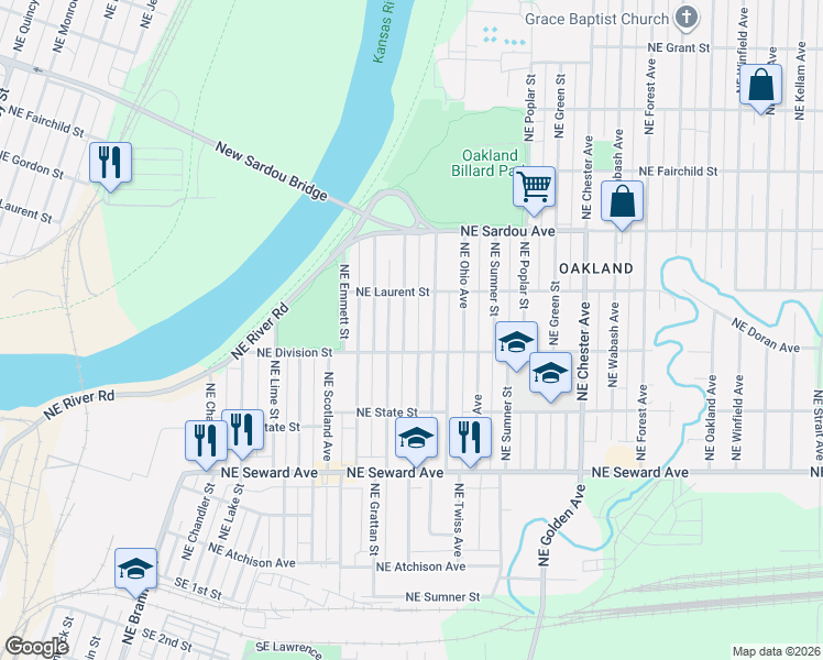 map of restaurants, bars, coffee shops, grocery stores, and more near 616 Northeast Freeman Avenue in Topeka