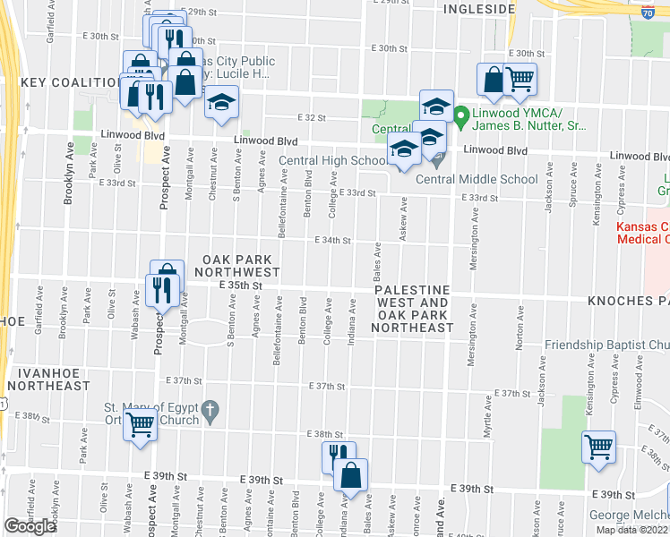 map of restaurants, bars, coffee shops, grocery stores, and more near 3429 College Avenue in Kansas City