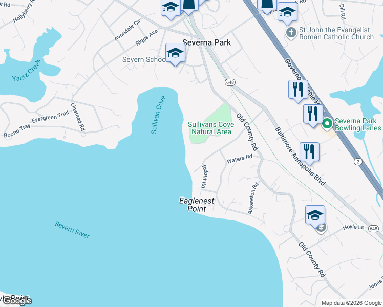 map of restaurants, bars, coffee shops, grocery stores, and more near 134 Round Bay Road in Severna Park