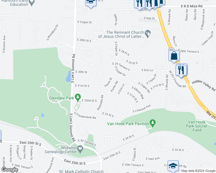 map of restaurants, bars, coffee shops, grocery stores, and more near 16409 East 31st Street South in Independence