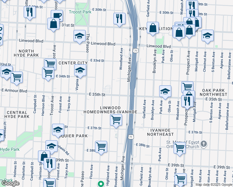 map of restaurants, bars, coffee shops, grocery stores, and more near 1716 East 35th Street in Kansas City