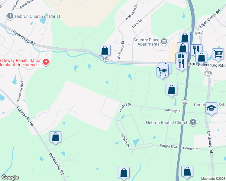 map of restaurants, bars, coffee shops, grocery stores, and more near 3093 Bullock Lane in Hebron