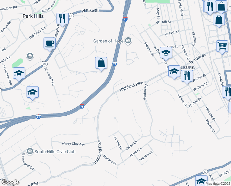 map of restaurants, bars, coffee shops, grocery stores, and more near 793 Highland Avenue in Covington