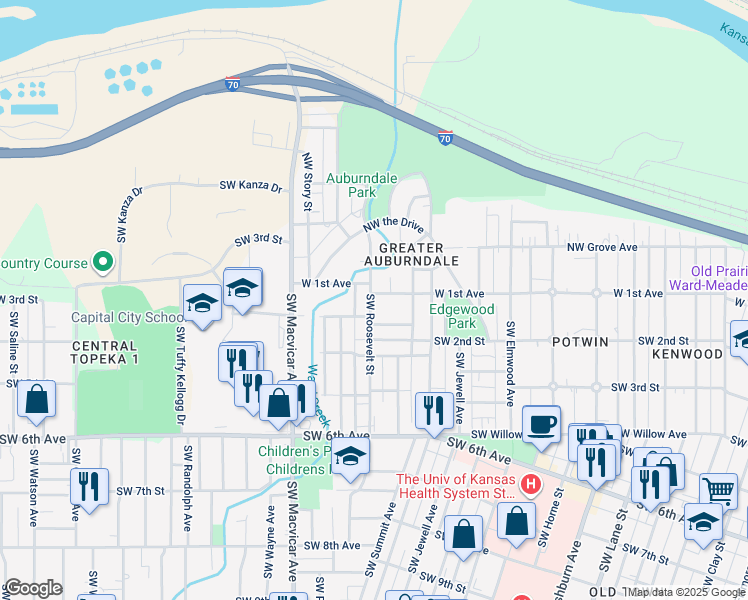 map of restaurants, bars, coffee shops, grocery stores, and more near 2235 West 1st Avenue in Topeka