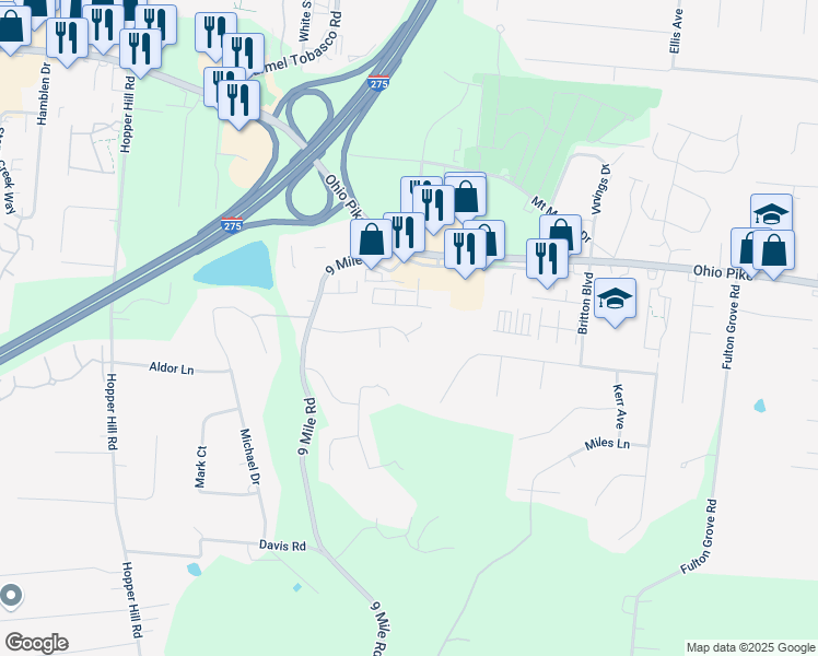 map of restaurants, bars, coffee shops, grocery stores, and more near 638 Ellen Drive in Cincinnati
