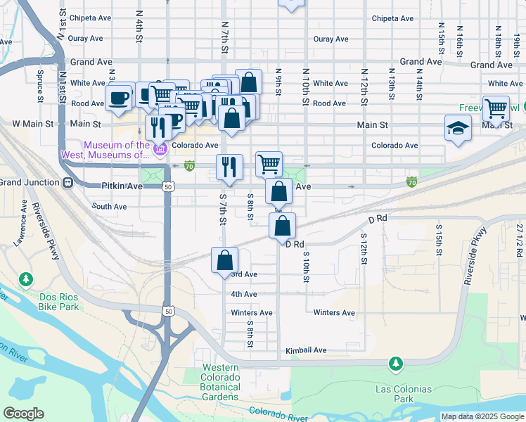 map of restaurants, bars, coffee shops, grocery stores, and more near 857 South Avenue in Grand Junction
