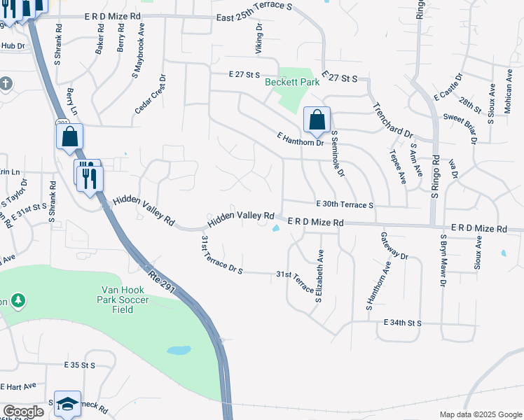 map of restaurants, bars, coffee shops, grocery stores, and more near 18208 Hidden Valley Road in Independence