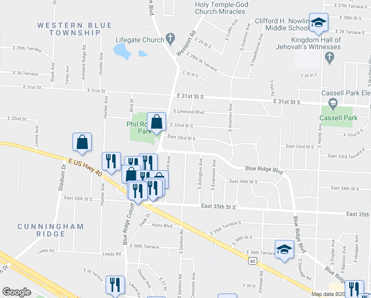 map of restaurants, bars, coffee shops, grocery stores, and more near 3320 Blue Ridge Boulevard in Independence
