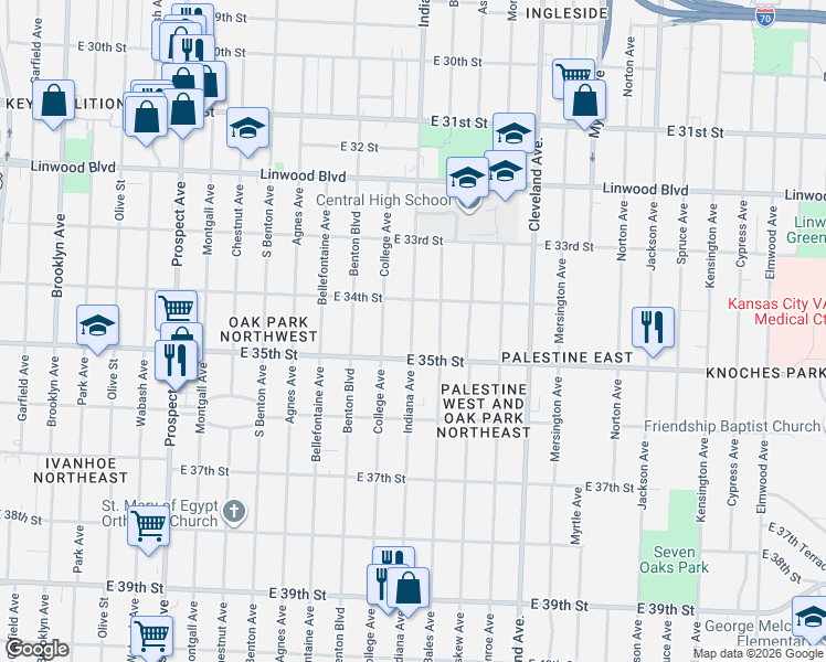 map of restaurants, bars, coffee shops, grocery stores, and more near 3433 Indiana Avenue in Kansas City