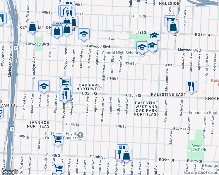 map of restaurants, bars, coffee shops, grocery stores, and more near 3434 Benton Boulevard in Kansas City