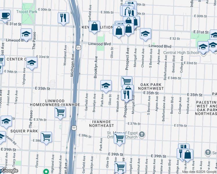 map of restaurants, bars, coffee shops, grocery stores, and more near 3439 Olive Street in Kansas City