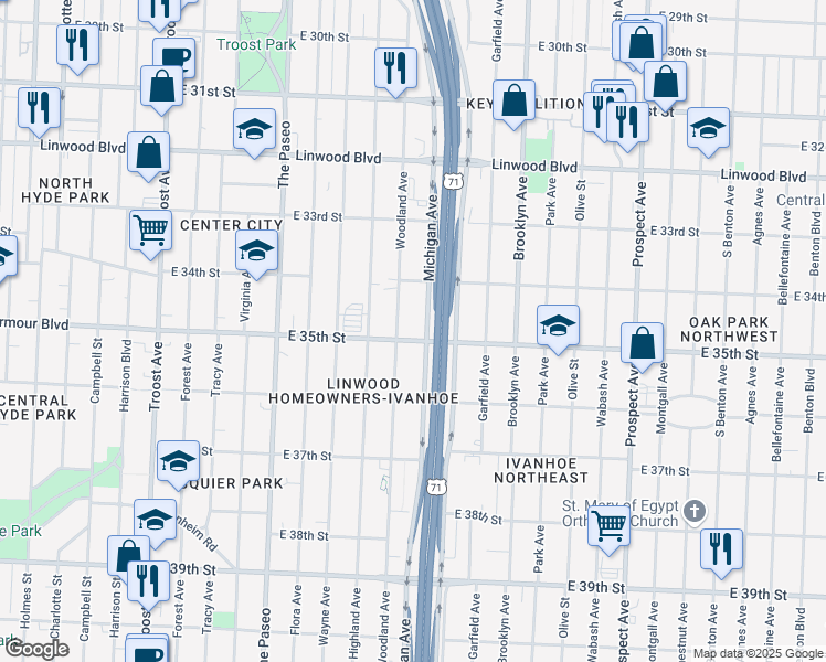 map of restaurants, bars, coffee shops, grocery stores, and more near 3438 Michigan Avenue in Kansas City