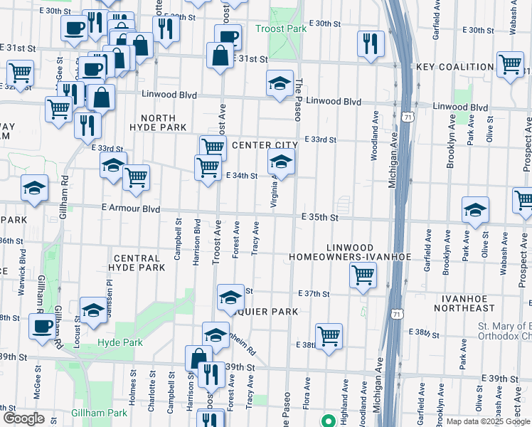 map of restaurants, bars, coffee shops, grocery stores, and more near in Kansas City