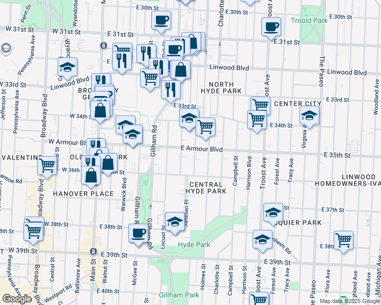 map of restaurants, bars, coffee shops, grocery stores, and more near 3512 Kenwood Avenue in Kansas City