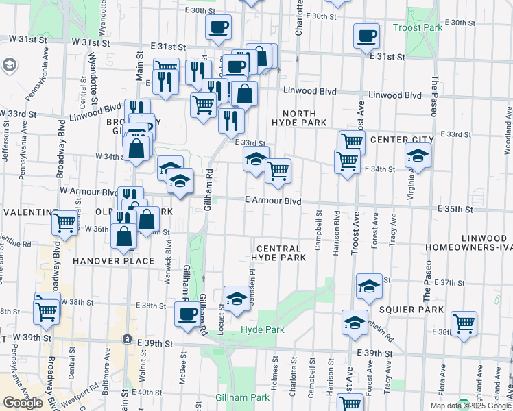 map of restaurants, bars, coffee shops, grocery stores, and more near 3512 Kenwood Avenue in Kansas City