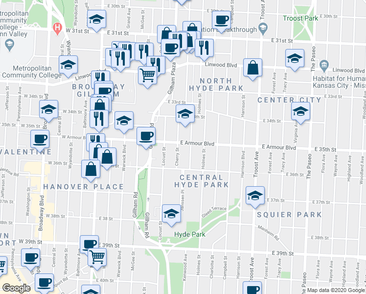 map of restaurants, bars, coffee shops, grocery stores, and more near 3512 Kenwood Avenue in Kansas City