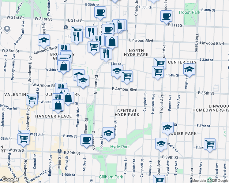 map of restaurants, bars, coffee shops, grocery stores, and more near 3512 Kenwood Avenue in Kansas City