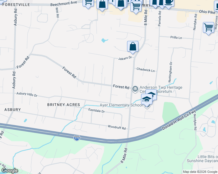 map of restaurants, bars, coffee shops, grocery stores, and more near 8237 Forest Road in Cincinnati