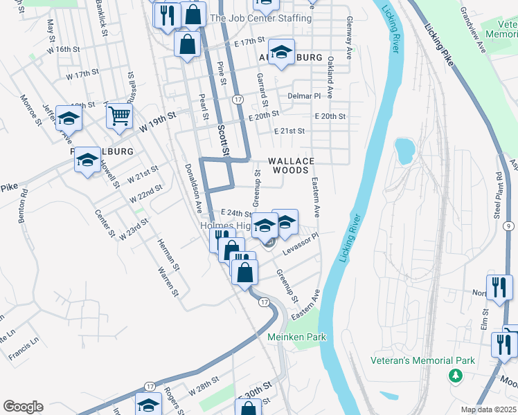 map of restaurants, bars, coffee shops, grocery stores, and more near 2316 Greenup Street in Covington
