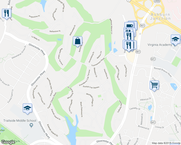 map of restaurants, bars, coffee shops, grocery stores, and more near 19976 Presidents Cup Terrace in Ashburn