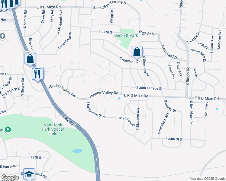map of restaurants, bars, coffee shops, grocery stores, and more near 18208 Hidden Valley Road in Independence