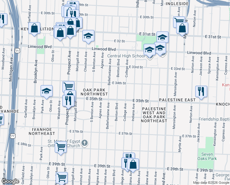 map of restaurants, bars, coffee shops, grocery stores, and more near 3434 Benton Boulevard in Kansas City