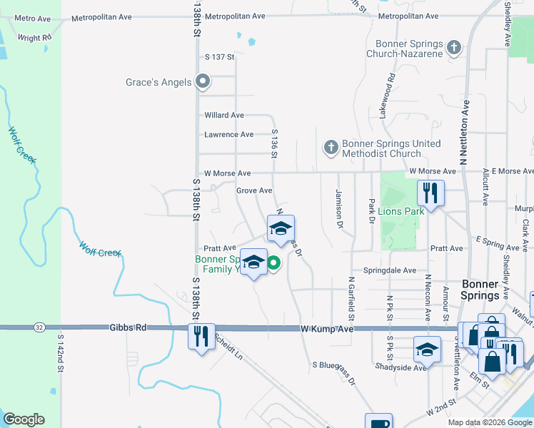 map of restaurants, bars, coffee shops, grocery stores, and more near 421 South Twist Drive in Bonner Springs