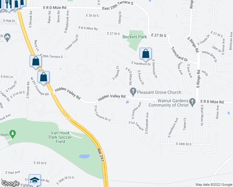 map of restaurants, bars, coffee shops, grocery stores, and more near 18208 Hidden Valley Road in Independence