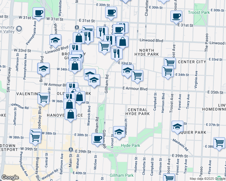 map of restaurants, bars, coffee shops, grocery stores, and more near 409 East Armour Boulevard in Kansas City