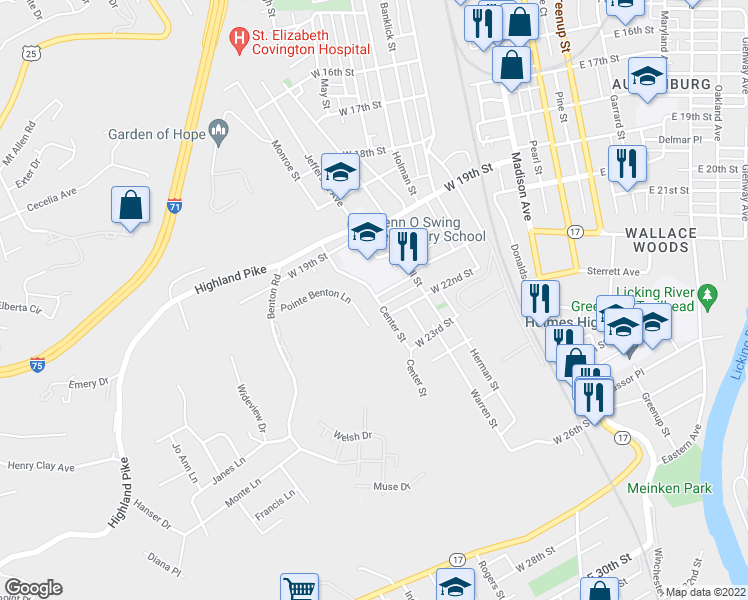 map of restaurants, bars, coffee shops, grocery stores, and more near 2101b Center Street in Covington
