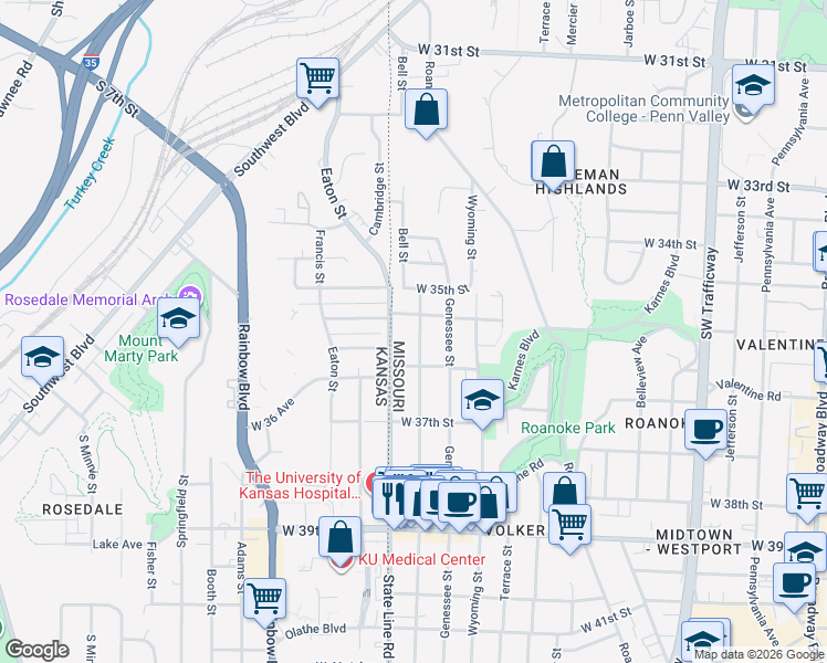 map of restaurants, bars, coffee shops, grocery stores, and more near 3536 Bell Street in Kansas City