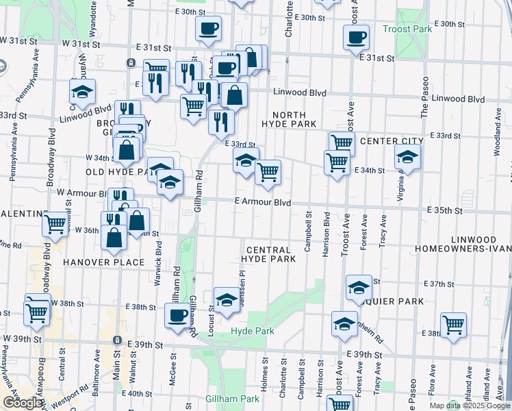 map of restaurants, bars, coffee shops, grocery stores, and more near 3512 Kenwood Avenue in Kansas City
