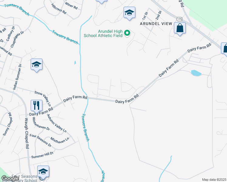 map of restaurants, bars, coffee shops, grocery stores, and more near 2148 Old Dairy Farm Road in Gambrills