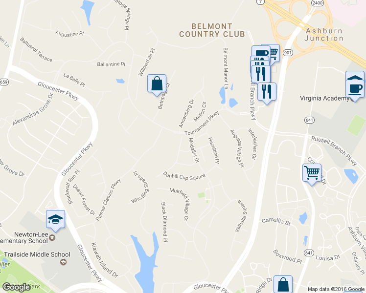map of restaurants, bars, coffee shops, grocery stores, and more near 19974 Presidents Cup Terrace in Ashburn
