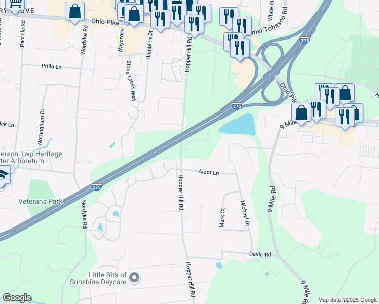 map of restaurants, bars, coffee shops, grocery stores, and more near 3916 Hopper Hill Road in Cincinnati