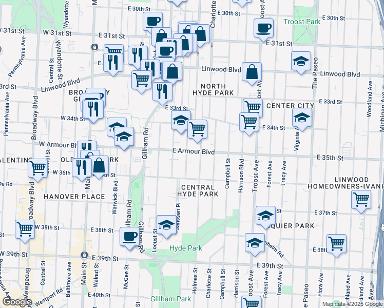 map of restaurants, bars, coffee shops, grocery stores, and more near 629 East Armour Boulevard in Kansas City