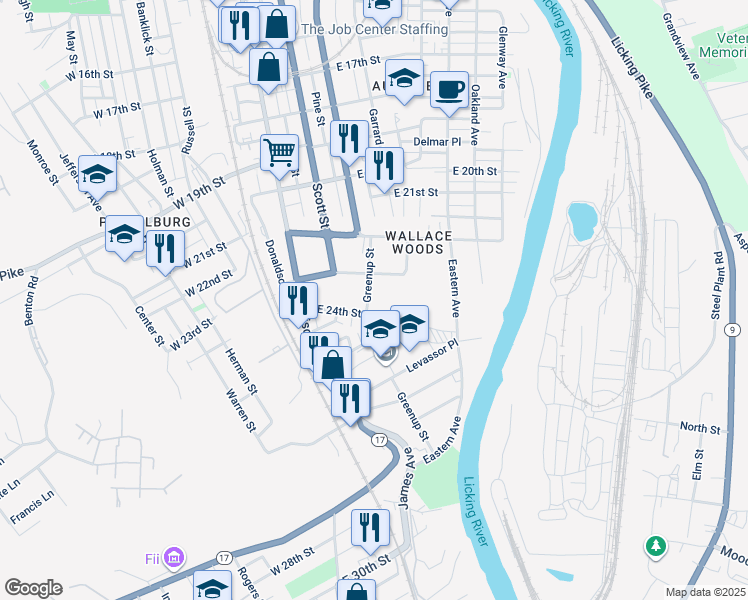 map of restaurants, bars, coffee shops, grocery stores, and more near 116 East 24th Street in Covington
