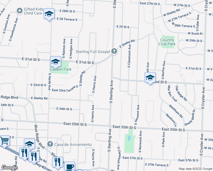 map of restaurants, bars, coffee shops, grocery stores, and more near 3302 South Sterling Avenue in Independence