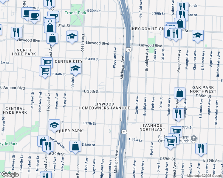 map of restaurants, bars, coffee shops, grocery stores, and more near 1716 East 35th Street in Kansas City