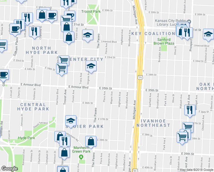 map of restaurants, bars, coffee shops, grocery stores, and more near 1415 East 35th Street in Kansas City