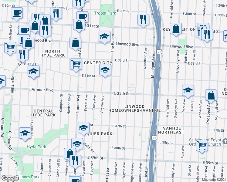 map of restaurants, bars, coffee shops, grocery stores, and more near 1415 East 35th Street in Kansas City