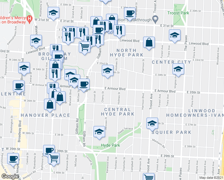 map of restaurants, bars, coffee shops, grocery stores, and more near 3512 Kenwood Avenue in Kansas City