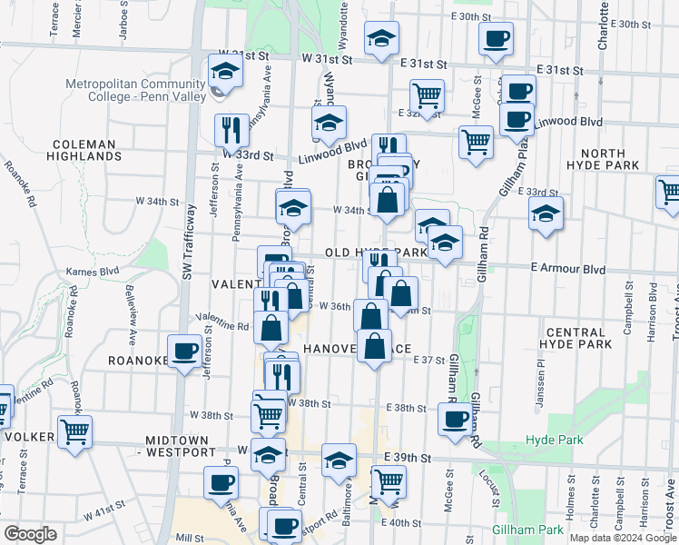 map of restaurants, bars, coffee shops, grocery stores, and more near 3525 Central Street in Kansas City