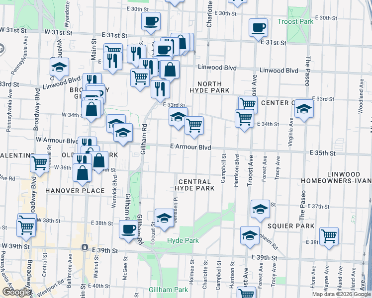 map of restaurants, bars, coffee shops, grocery stores, and more near 625 East Armour Boulevard in Kansas City