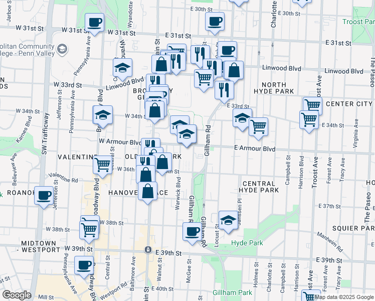 map of restaurants, bars, coffee shops, grocery stores, and more near 201 East Armour Boulevard in Kansas City