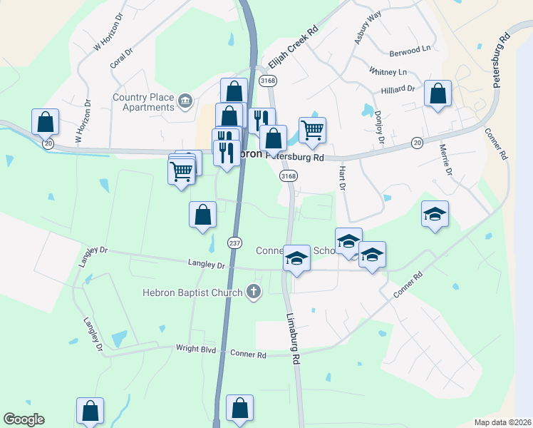 map of restaurants, bars, coffee shops, grocery stores, and more near 3175 Limaburg Road in Hebron