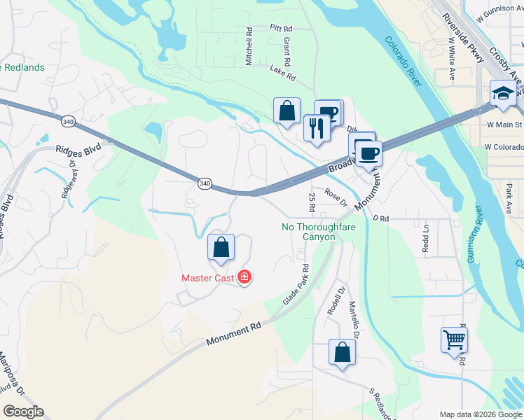 map of restaurants, bars, coffee shops, grocery stores, and more near 2487 South Broadway in Grand Junction