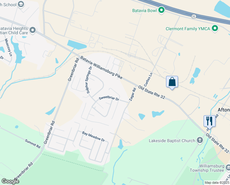 map of restaurants, bars, coffee shops, grocery stores, and more near 251-399 Sweet Briar Drive in Batavia