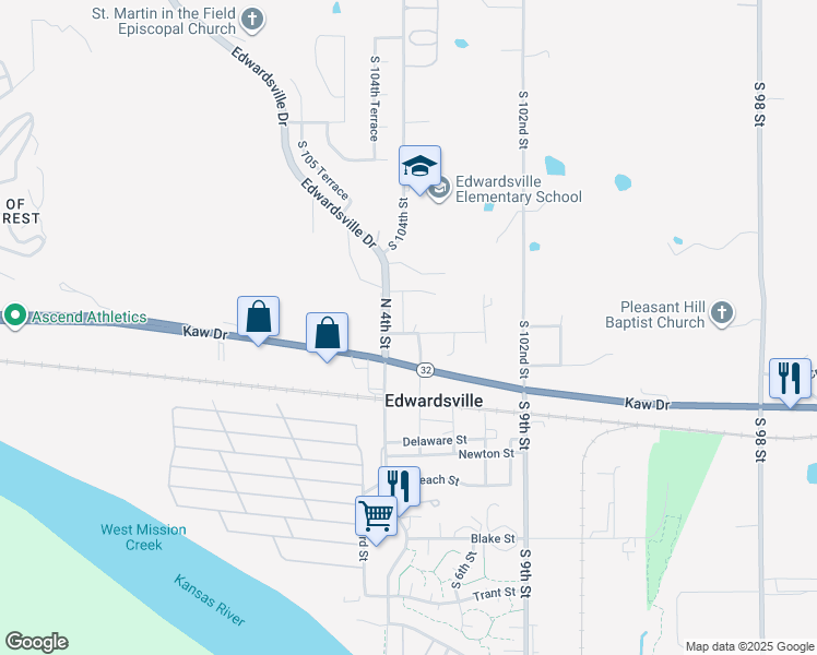 map of restaurants, bars, coffee shops, grocery stores, and more near 201 North 4th Street in Edwardsville
